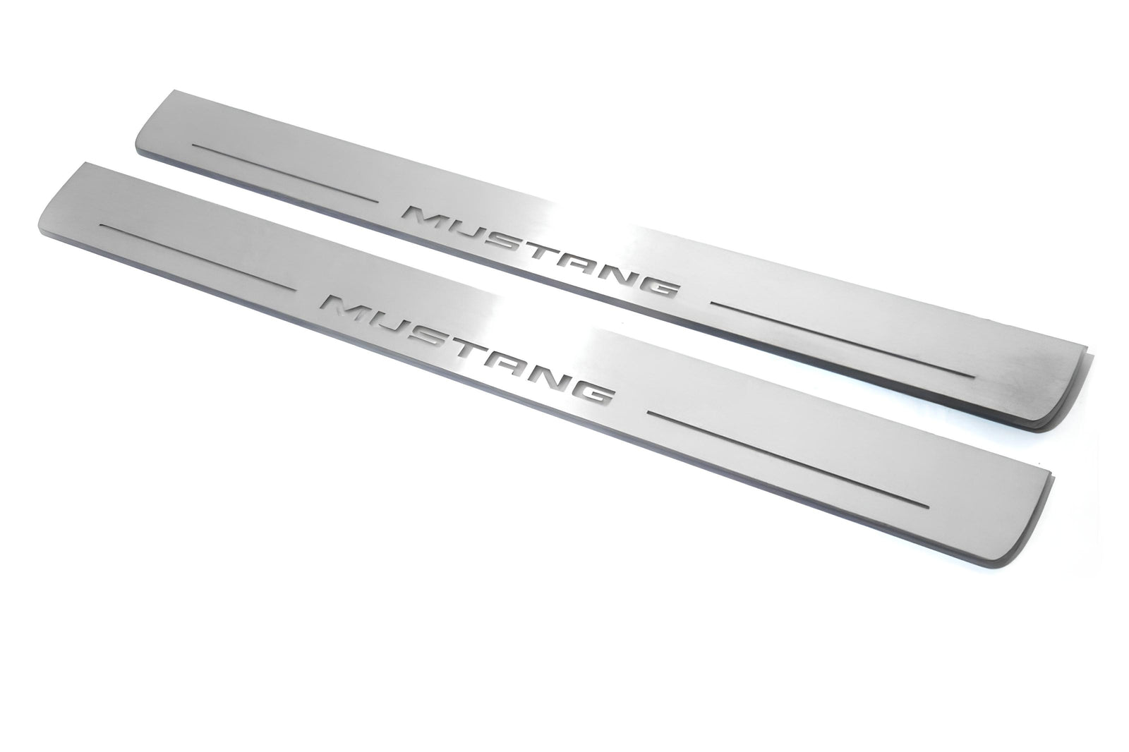 Ford Mustang VI S550 2015+ stainless steel LED door sill plates with Mustang logo
