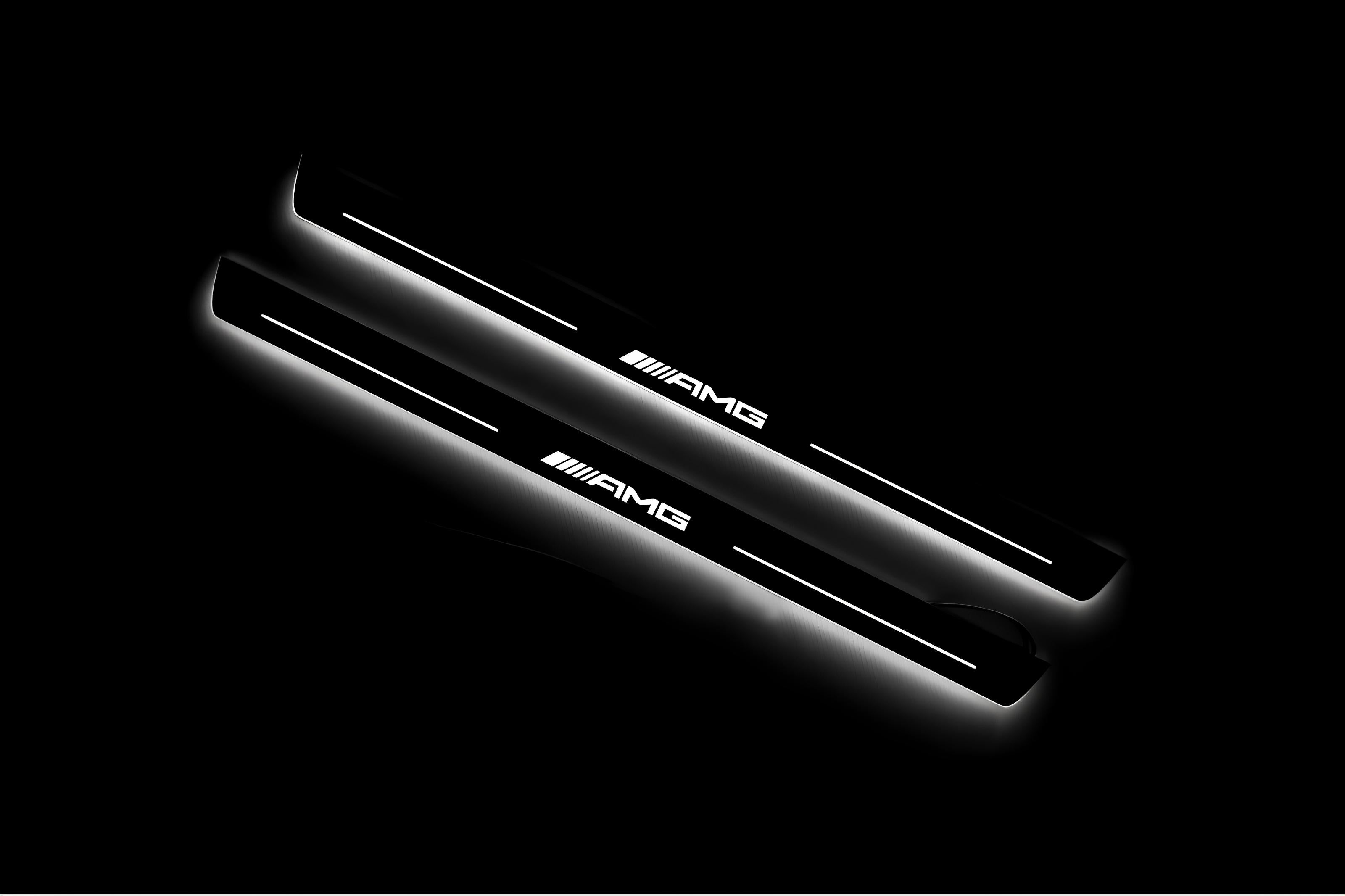 Illuminated LED Door Sill Tread Plates Mercedes C W205 Coupe 2014-2021 With AMG Logo Mercedes Led Door Sills opdesign