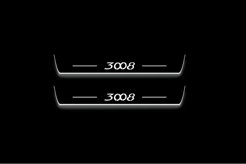 Two long door sill plates with 3008 lettering and edges illuminated in white, straight-on view on a dark background.