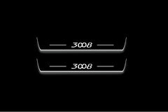 Two long door sill plates with 3008 lettering and edges illuminated in white, straight-on view on a dark background.