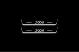 Two short door sill plates with 3008 lettering and edges illuminated in white, straight-on view on a dark background.