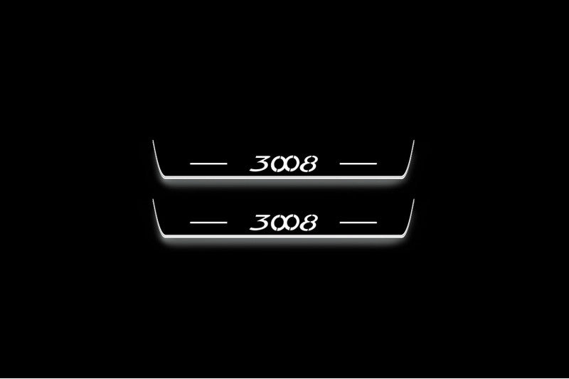 Two short door sill plates with 3008 lettering and edges illuminated in white, straight-on view on a dark background.
