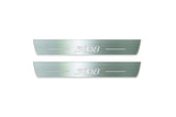 Two long silver-finished door sill plates with 3008 lettering on a light background, straight-on view.