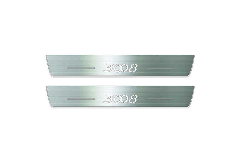 Two long silver-finished door sill plates with 3008 lettering on a light background, straight-on view.