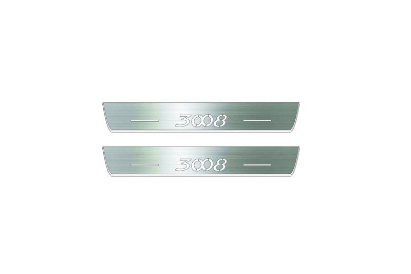 Two short silver-finished door sill plates with 3008 lettering on a light background, straight-on view.