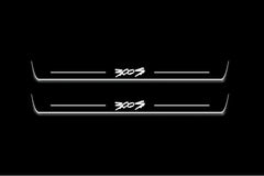 Two long door sill plates with 300S lettering and edges illuminated in white, straight-on view on a dark background.