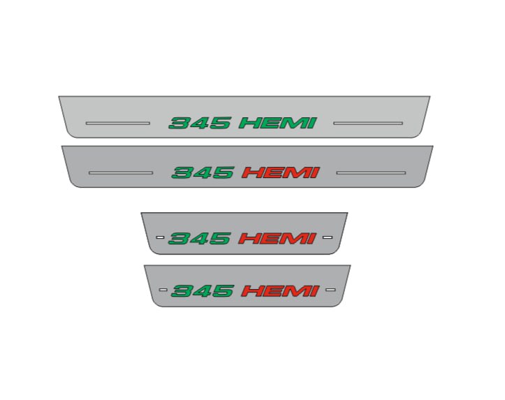 Catalog illustration of four gray door sill plates with green 345 and red HEMI lettering in one row with horizontal lines on a white background.