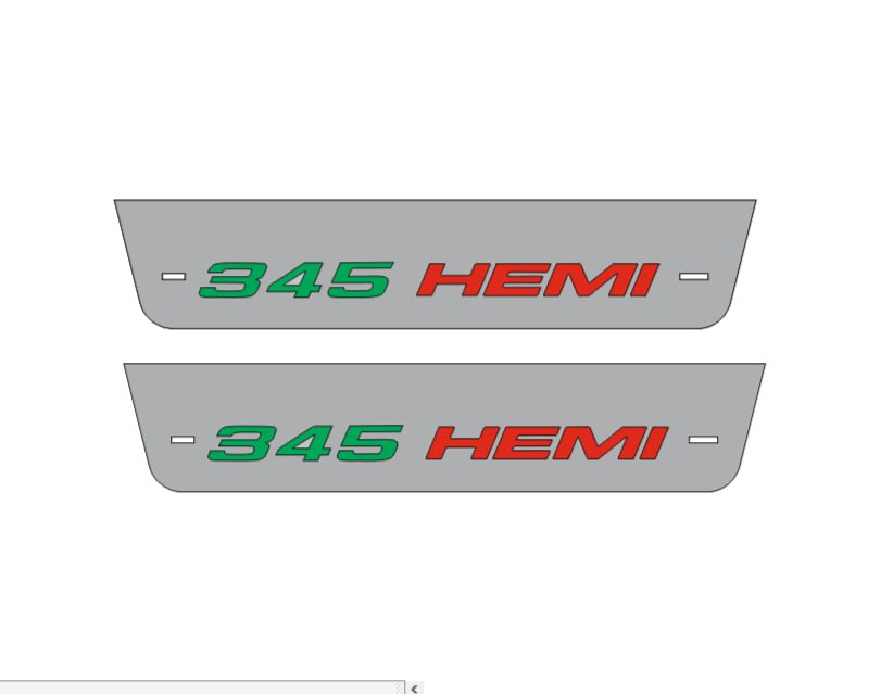 Catalog illustration of two short gray door sill plates with green 345 and red HEMI lettering in one row with horizontal lines on a white background.