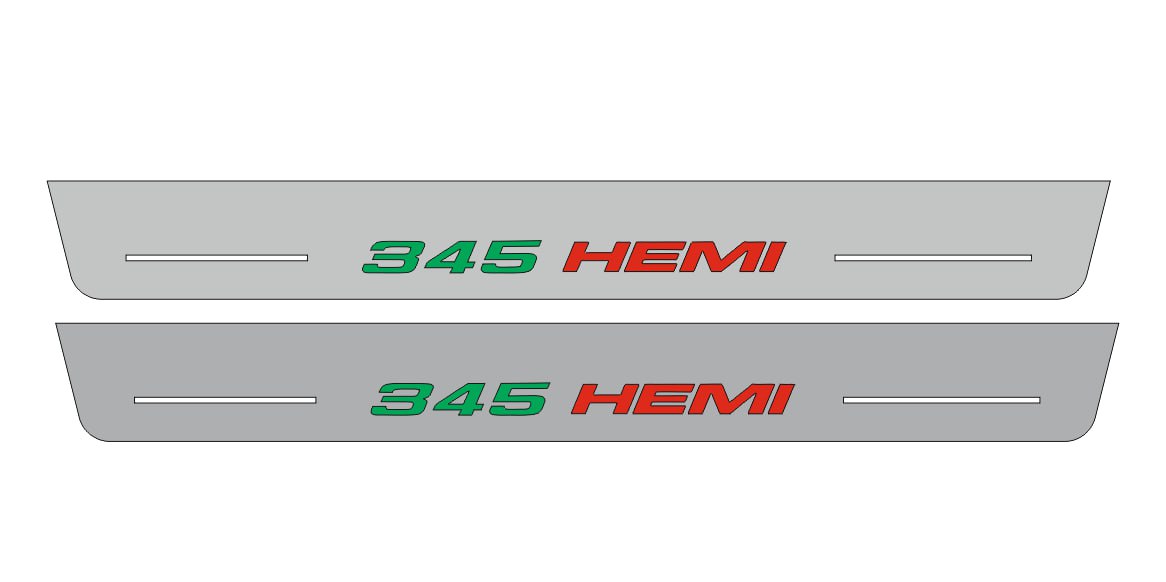 Catalog illustration of two long gray door sill plates with green 345 and red HEMI lettering in one row with horizontal lines on a white background.