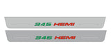 Catalog illustration of two long gray door sill plates with green 345 and red HEMI lettering in one row with horizontal lines on a white background.