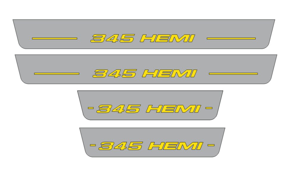 Catalog illustration of four gray door sill plates with yellow 345 HEMI lettering in one row with horizontal lines on a white background.