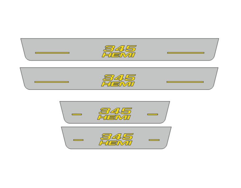 Catalog illustration of four gray door sill plates with yellow 345 lettering stacked over HEMI with horizontal lines on a white background.
