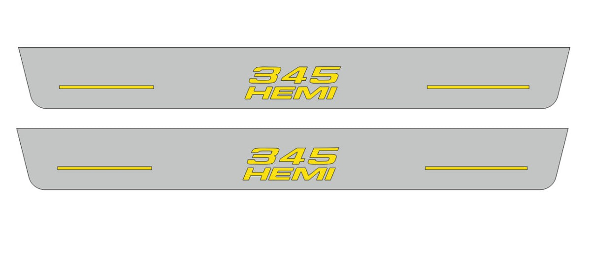 Catalog illustration of two long gray door sill plates with yellow 345 lettering stacked over HEMI with horizontal lines on a white background.