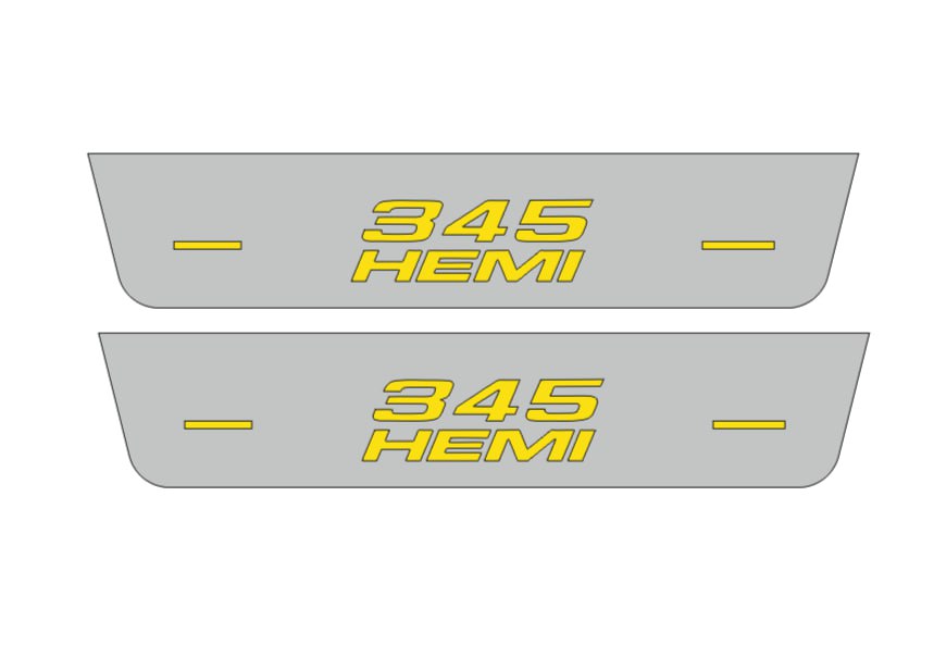 Catalog illustration of two short gray door sill plates with yellow 345 lettering stacked over HEMI with horizontal lines on a white background.