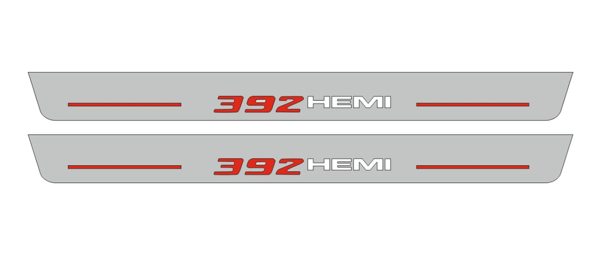 Catalog illustration of two long gray door sill plates with red 392 and white HEMI lettering with red horizontal lines on a white background.