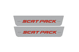 Catalog illustration of two short gray door sill plates with red Scat Pack lettering on a white background.