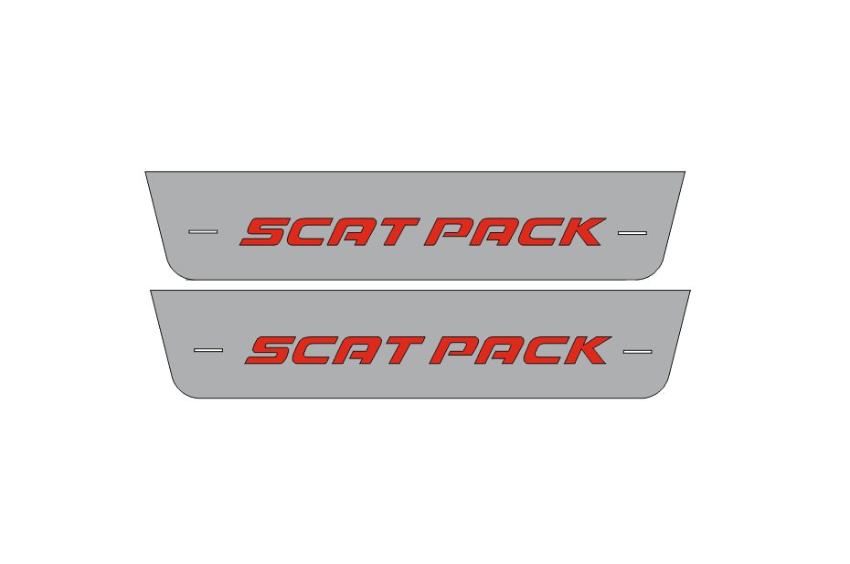 Catalog illustration of two short gray door sill plates with red Scat Pack lettering on a white background.