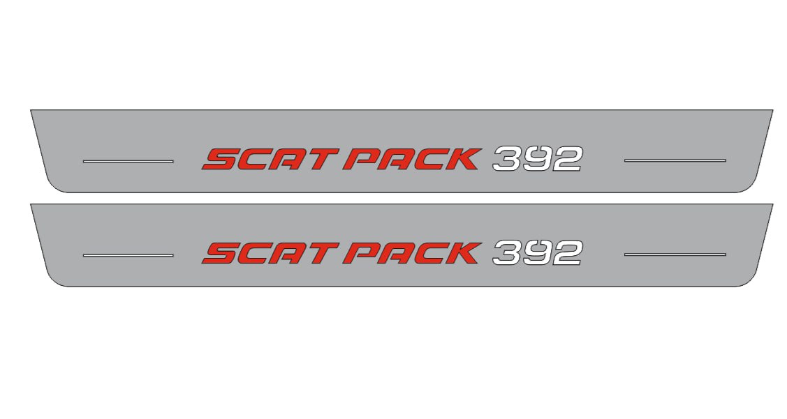 Catalog illustration of two long gray door sill plates with red Scat Pack and white 392 lettering on a white background.
