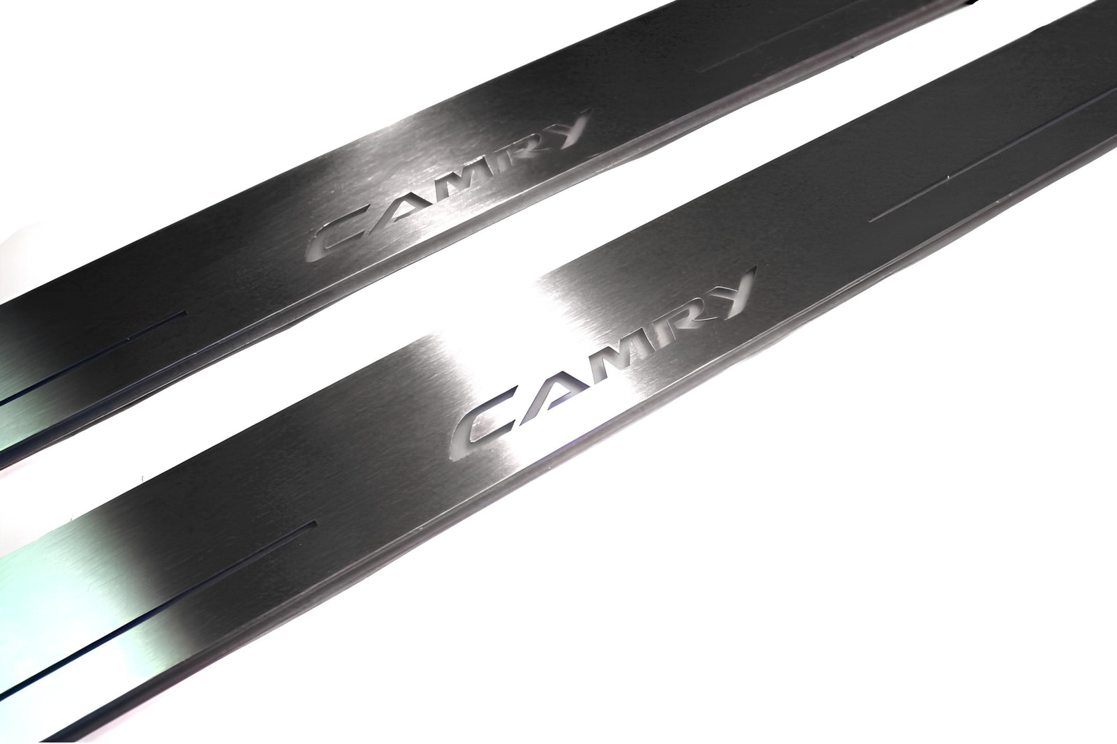 LED door sill plates Toyota Camry V50 2012+ in stainless steel with Camry logo