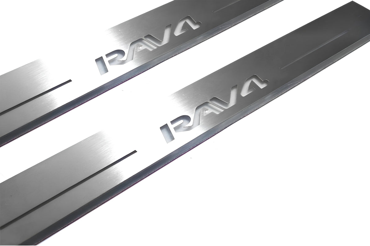 stainless steel LED door sill plates with Toyota Rav4 IV XA40 2013+ with Rav4 logo