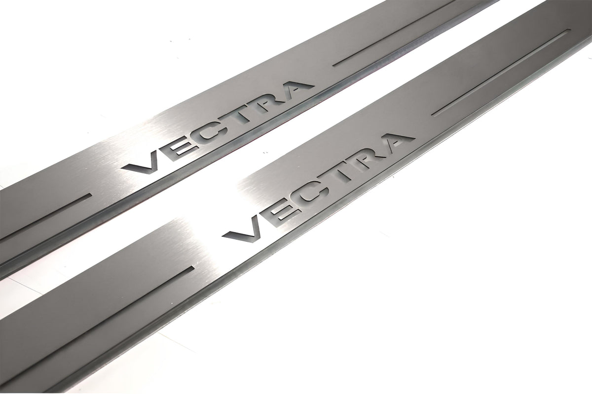 LED door sill plates Vauxhall Vectra C 2002+ in stainless steel with Vectra logo