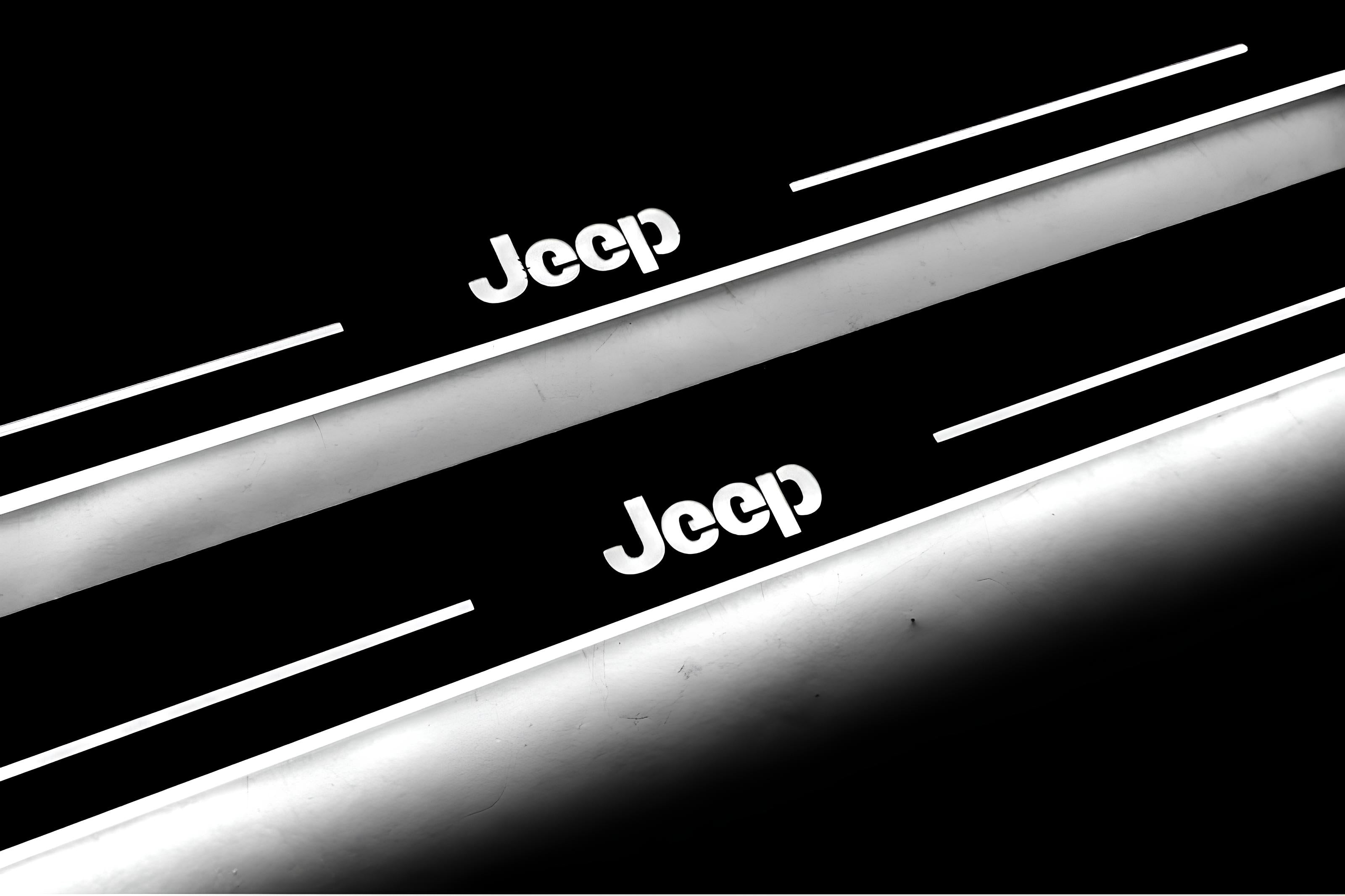 Illuminated LED Door Sill Tread Plates Jeep Cherokee KL 2014-2023 With Jeep Logo Jeep Led Door Sills opdesign