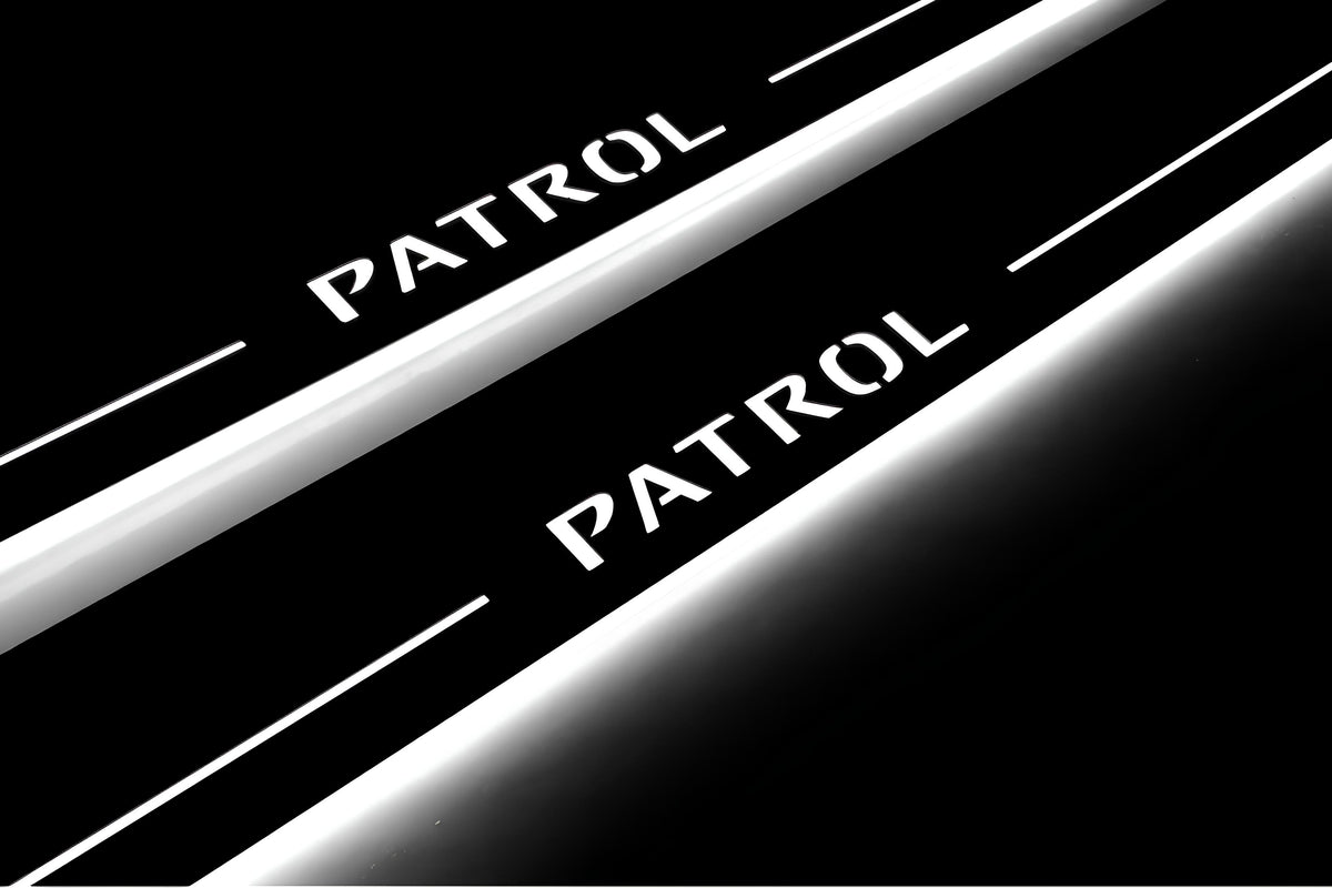 LED door sill plates Nissan Patrol Y62 2010+ stainless steel with Patrol logo