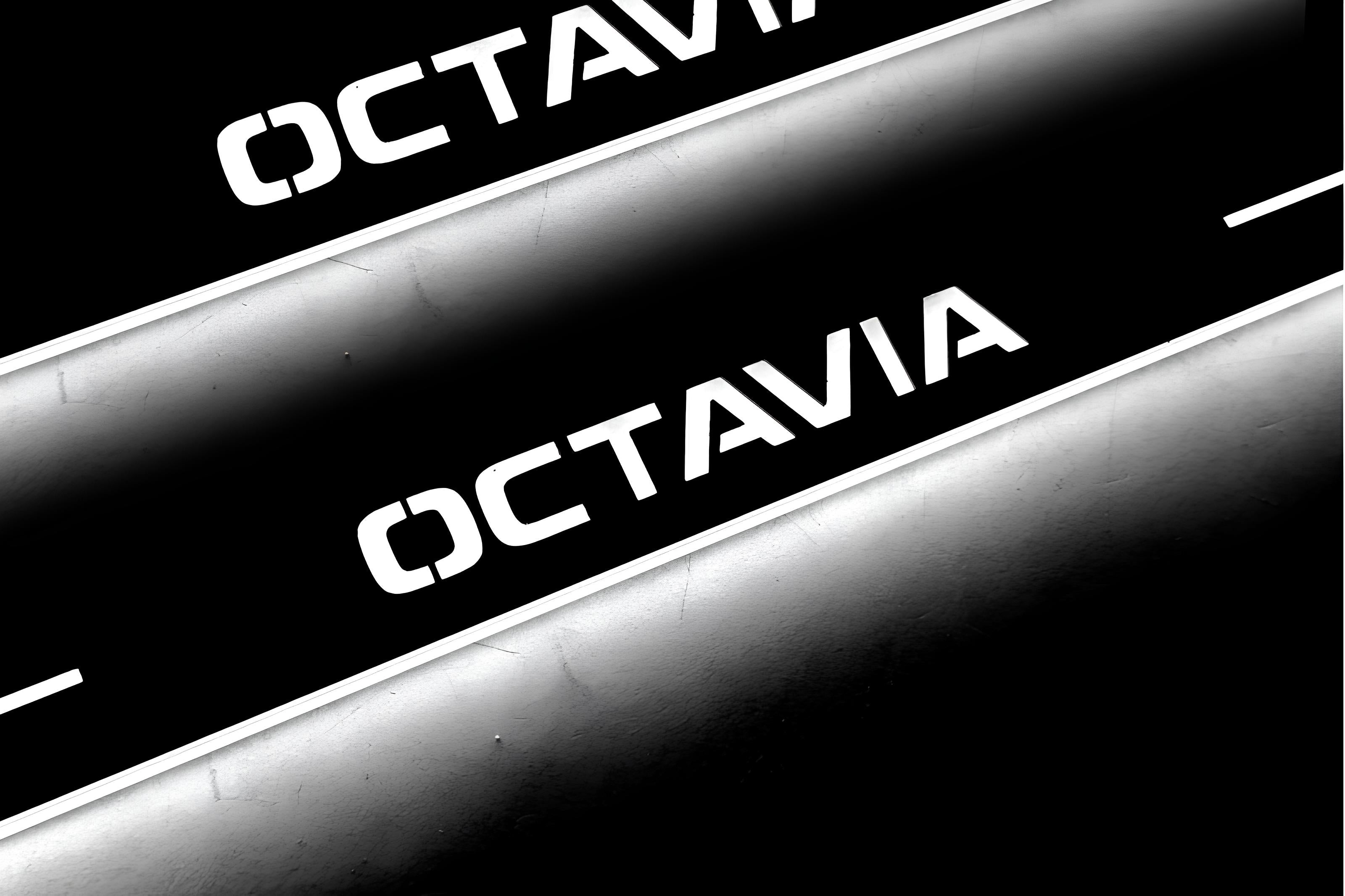 Illuminated LED Door Sill Tread Plates Skoda Octavia IV (A8) 2020+ With Octavia Logo Skoda Led Door Sills opdesign