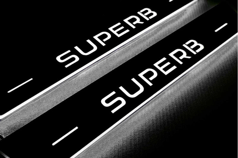 Skoda SuperB III 2015+ LED door sill plates with SuperB logo