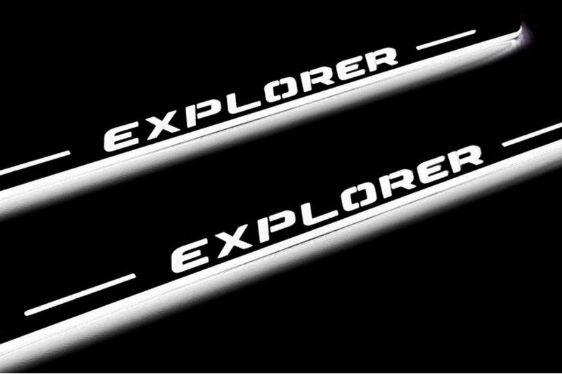 Illuminated LED Door Sill Tread Plates Ford Explorer V 2011-2019 With Explorer Logo Ford Led Door Sills opdesign