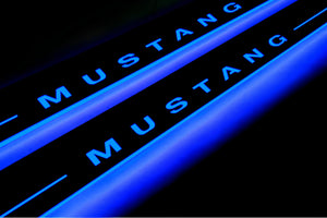 Illuminated LED Door Sill Tread Plates Ford Mustang VI 2015-2023 With Mustang Logo Ford Led Door Sills opdesign