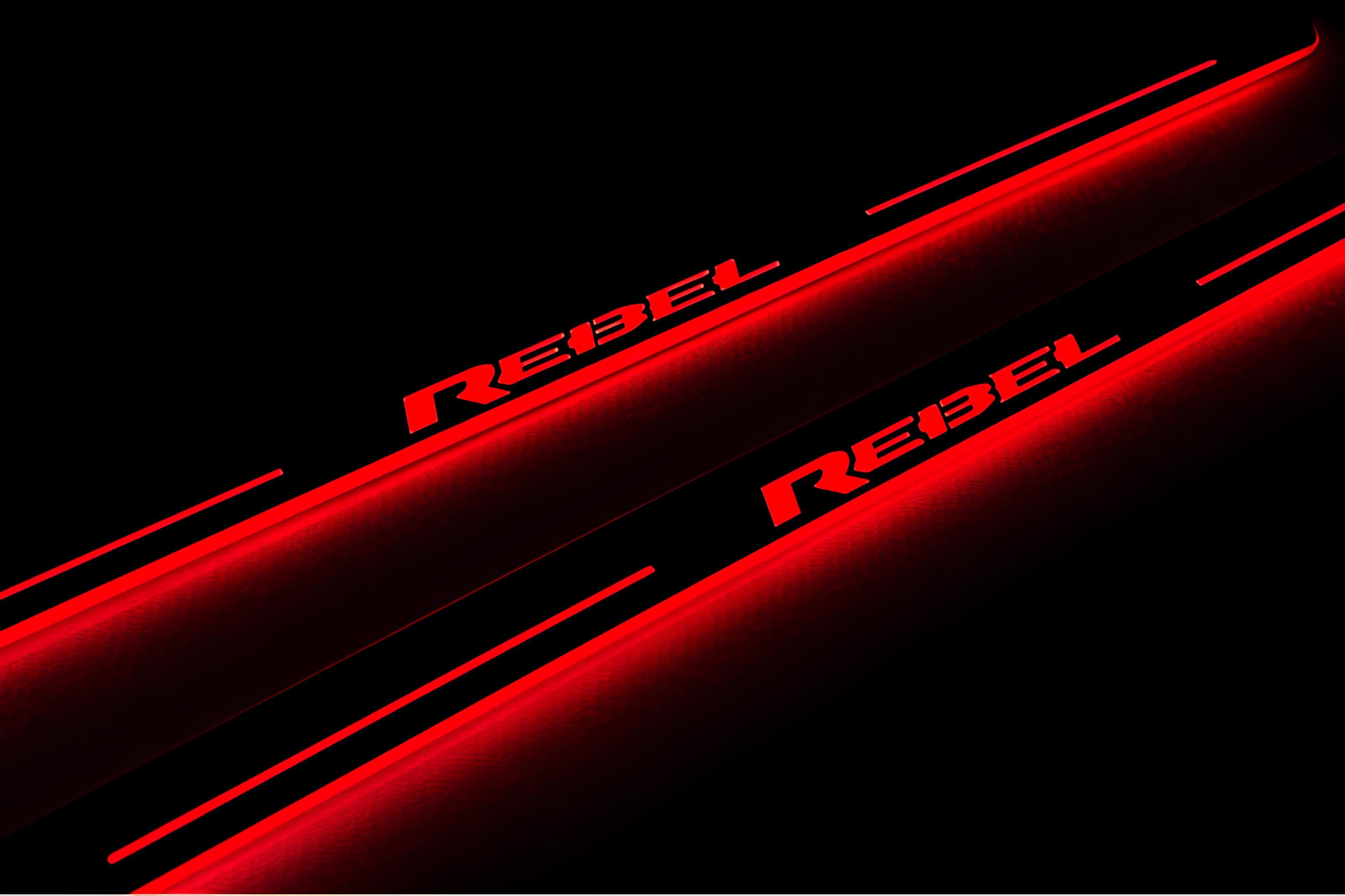 Illuminated LED Door Sill Tread Plates Dodge RAM 2500 V 2019+ With REBEL Logo Dodge Led Door Sills opdesign