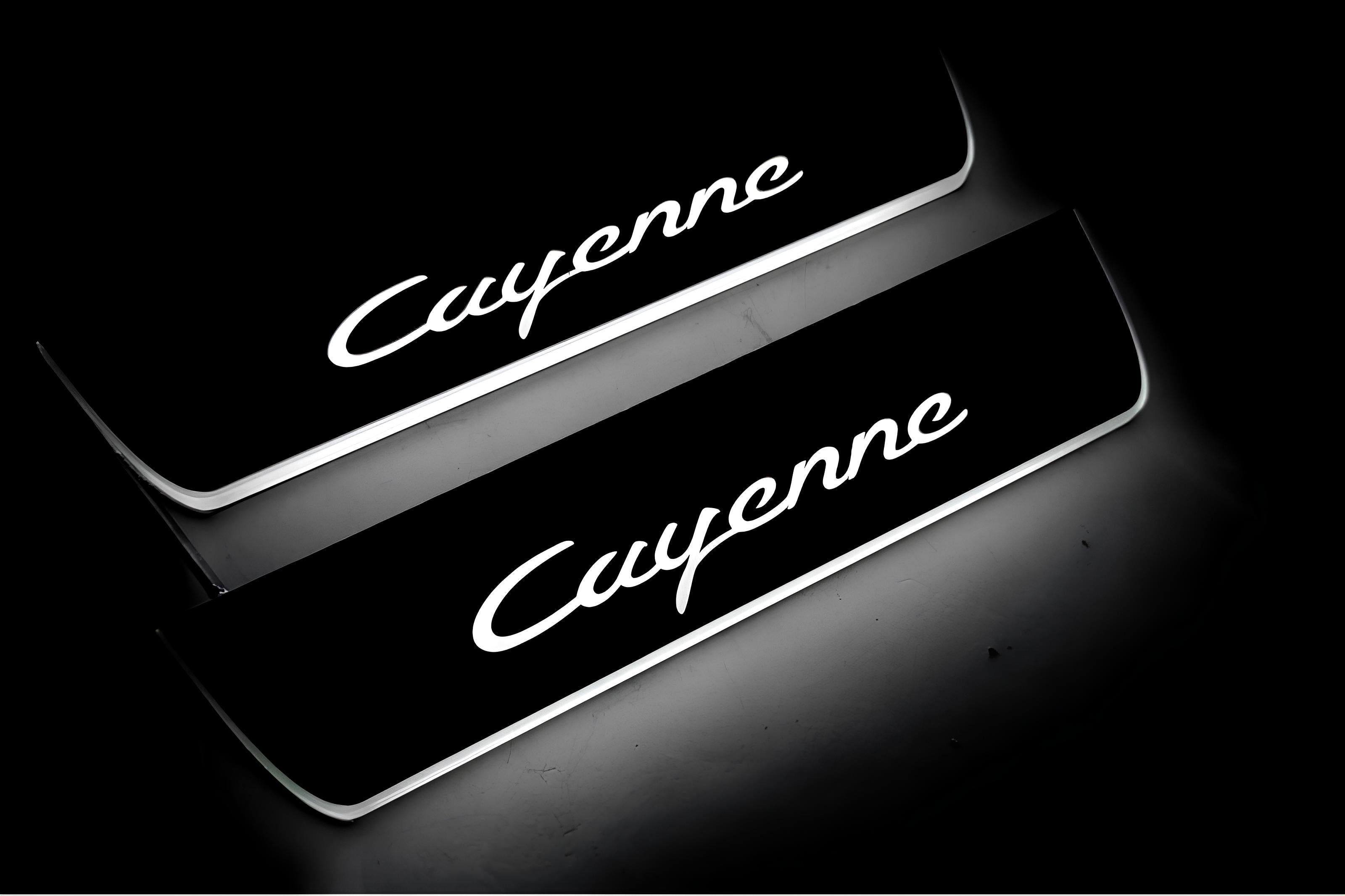 Illuminated LED Door Sill Tread Plates Porsche Cayenne II 2010-2017 With Cayenne Logo Porsche Led Door Sills opdesign
