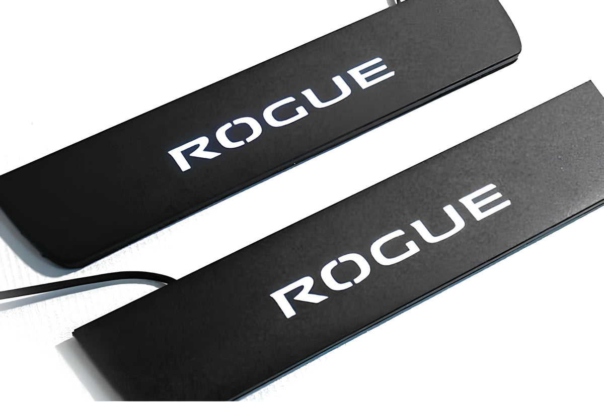 Nissan Rogue II T32 2014+ illuminated entry guards in stainless steel with Rogue logo
