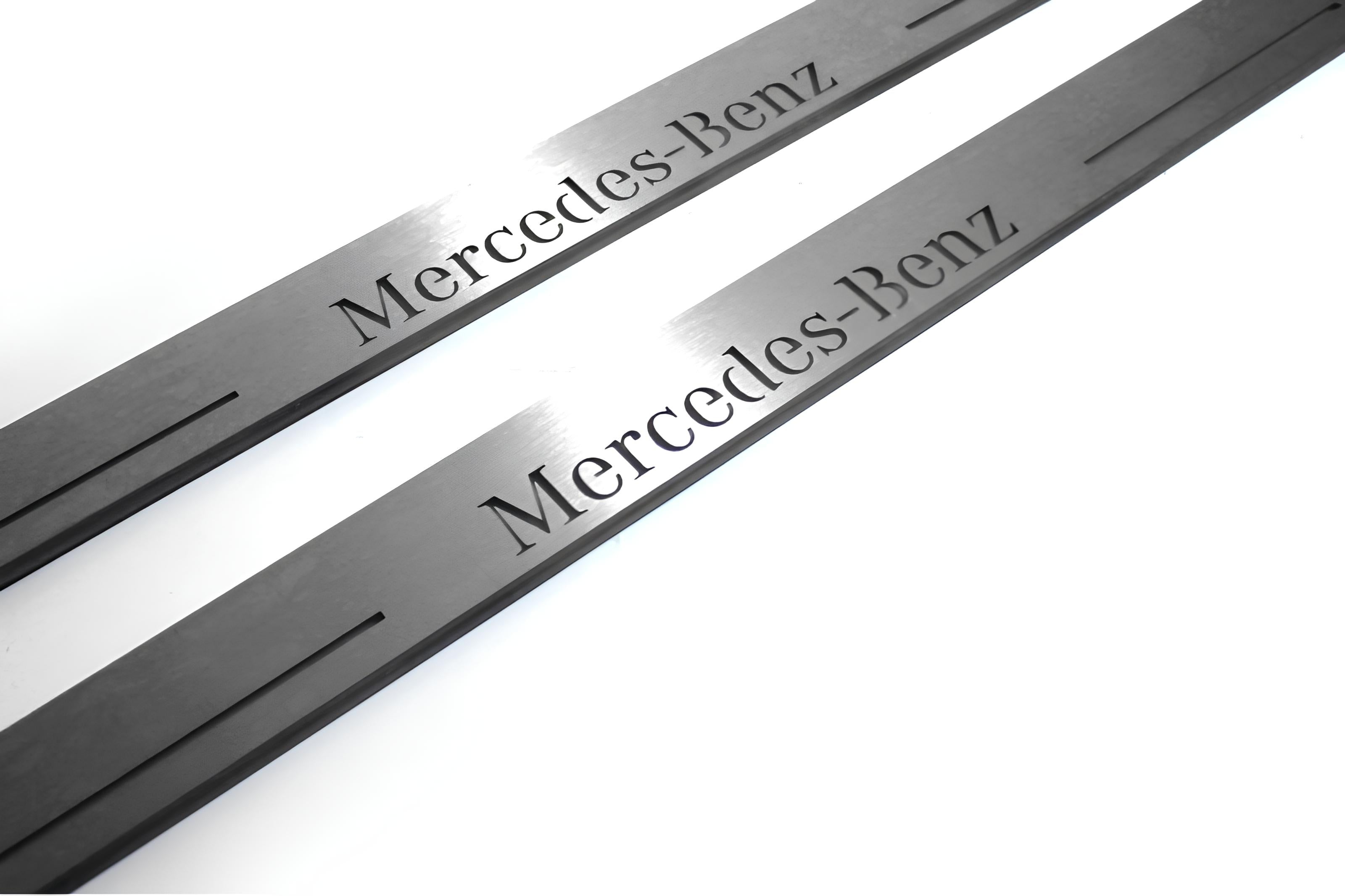 Illuminated LED Door Sill Tread Plates Mercedes E W124 1985-1996 With Mercedes-Benz Logo Mercedes Led Door Sills opdesign