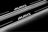 Close-up of Auris lettering and illuminated edges on door sill plates against a dark background.