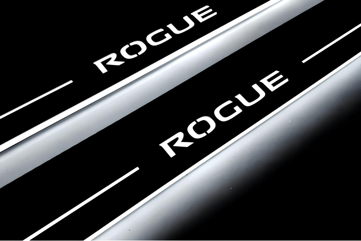 Nissan Rogue II T32 2014+ stainless steel LED door sill plates with Rogue logo