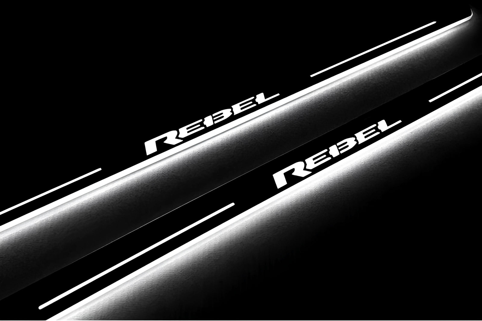 RAM 2500 V 2019+ door sill plates in stainless steel with Illuminated REBEL logo