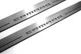 Chevrolet Camaro VI 2016+ entry guards in stainless steel with Camaro logo