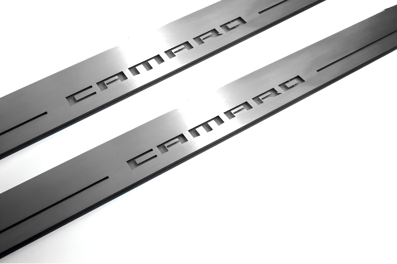 Chevrolet Camaro VI 2016+ entry guards in stainless steel with Camaro logo