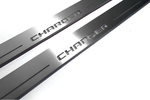 Illuminated LED Door Sill Tread Plates Dodge Charger 2011-2023 With CHARGER Logo Dodge Led Door Sills opdesign