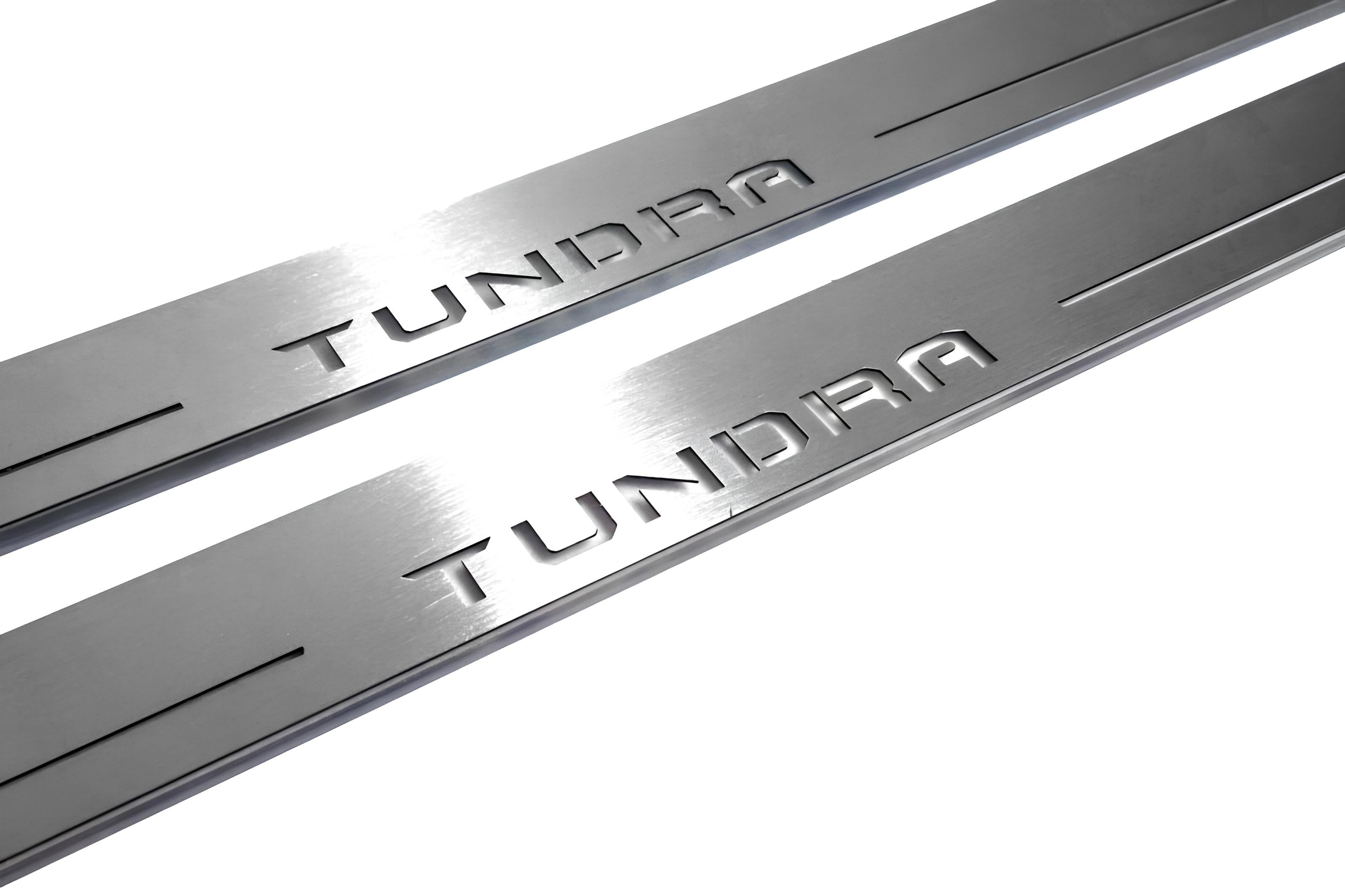 Illuminated LED Door Sill Tread Plates Toyota Tundra IV 2022+ With Tundra Logo Toyota Led Door Sills opdesign