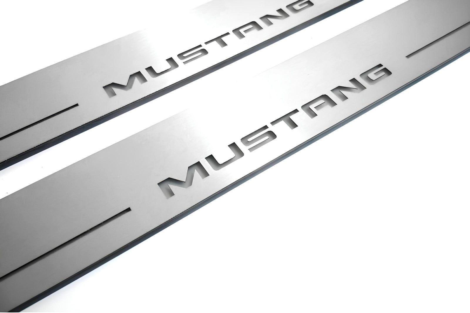 Ford Mustang VI S550 2015+ stainless steel LED door sill plates with Mustang logo