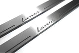 Close-up of Lanos lettering and linear slots in silver-finished door sill plates.