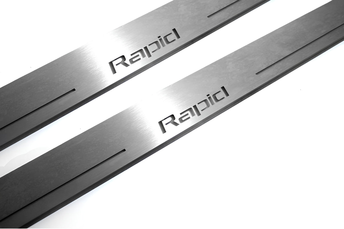 Close-up of Rapid lettering and linear slots in silver-finished door sill plates.