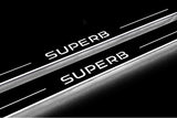 Skoda SuperB III 2015+ LED door sill plates in stainless steel with SuperB logo