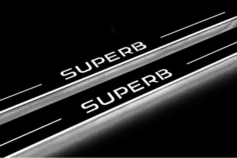 Skoda SuperB III 2015+ LED door sill plates in stainless steel with SuperB logo