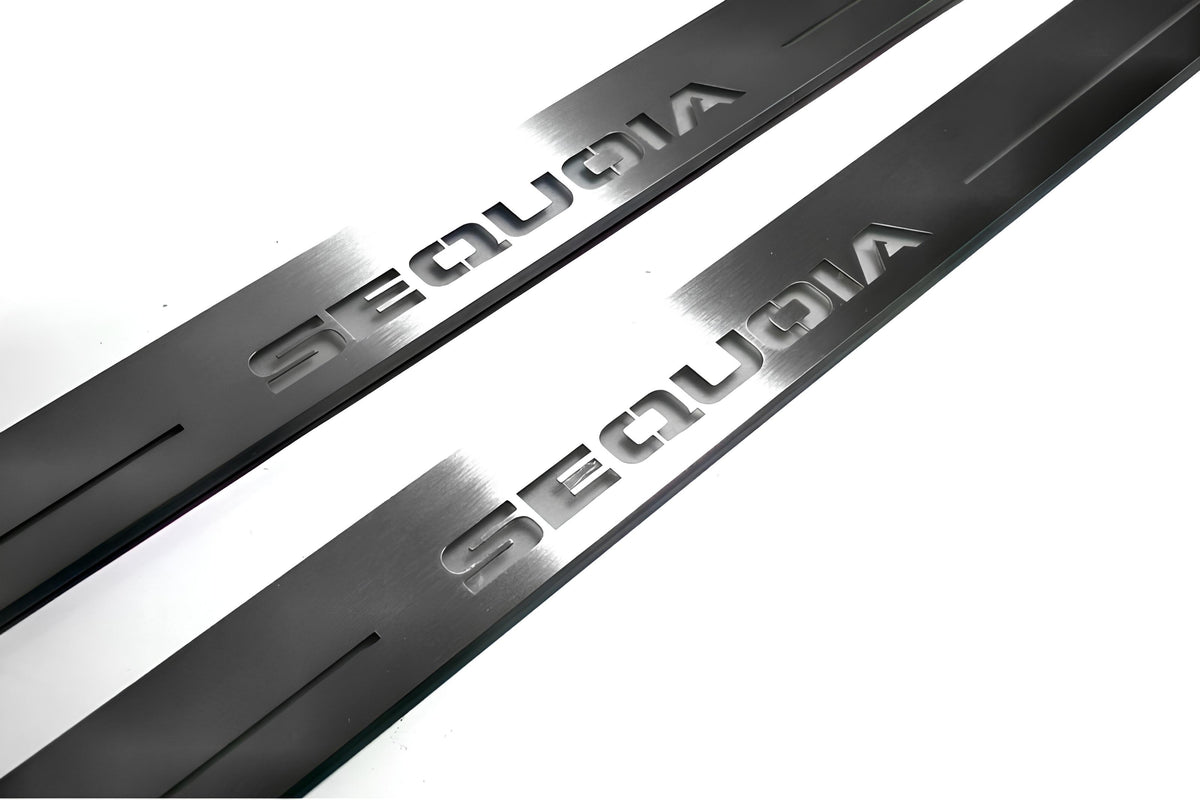 Close-up of Sequoia lettering and linear slots in silver-finished door sill plates.