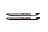Two narrow silver door sill inserts with red X5 lettering and attached wires, straight-on view on a white background.