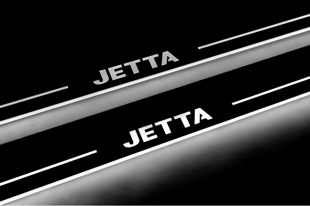 Volkswagen Jetta VII 2019+ LED door sill plates in stainless steel with Jetta logo